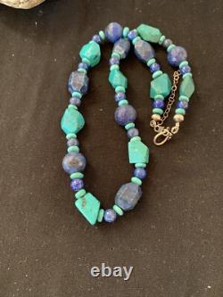 Native American Navajo Sterling Silver Lapis & Turquoise Necklace 21 00256