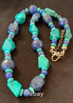Native American Navajo Sterling Silver Lapis & Turquoise Necklace 21 00256
