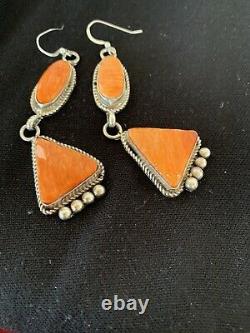 Native American Navajo Sterling Silver Orange Spiny Oyster Dangl Earrings Set199