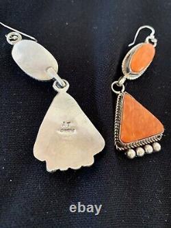 Native American Navajo Sterling Silver Orange Spiny Oyster Dangl Earrings Set199