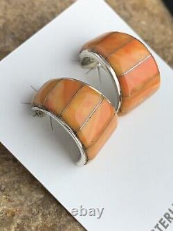Native American Navajo Sterling Silver Orange Spiny Oyster Earrings 00190