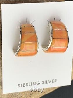 Native American Navajo Sterling Silver Orange Spiny Oyster Earrings Set 190