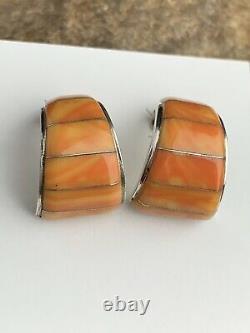 Native American Navajo Sterling Silver Orange Spiny Oyster Earrings Set 190