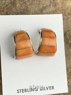 Native American Navajo Sterling Silver Orange Spiny Oyster Earrings Set 190