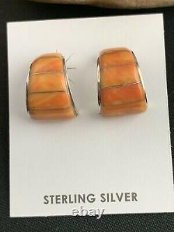 Native American Navajo Sterling Silver Orange Spiny Oyster Earrings Set 190