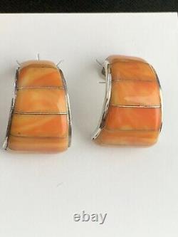 Native American Navajo Sterling Silver Orange Spiny Oyster Earrings Set 190