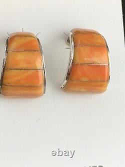 Native American Navajo Sterling Silver Orange Spiny Oyster Earrings Set 190