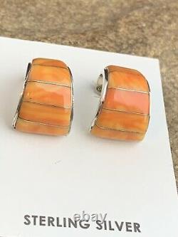 Native American Navajo Sterling Silver Orange Spiny Oyster Earrings Set 190