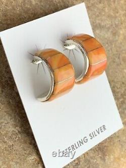 Native American Navajo Sterling Silver Orange Spiny Oyster Earrings Set 190