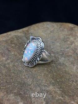 Native American Navajo Sterling Silver Pink Opal Inlay Ring Size 7.75 2521