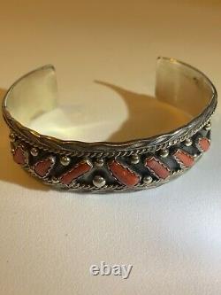 Native American Navajo Sterling Silver Red Coral Cuff Bracelet