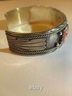 Native American Navajo Sterling Silver Red Coral Cuff Bracelet