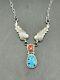 Native American Navajo Sterling Silver Red Coral Turquoise Drop Pendant Necklace