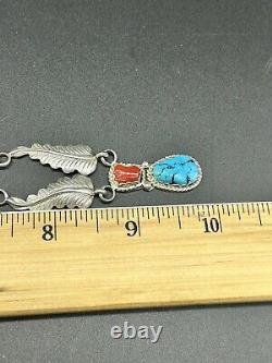 Native American Navajo Sterling Silver Red Coral Turquoise Drop Pendant Necklace