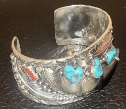 Native American Navajo Sterling Silver Turquoise Coral Bracelet -Emery Yazzie