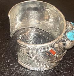Native American Navajo Sterling Silver Turquoise Coral Bracelet -Emery Yazzie