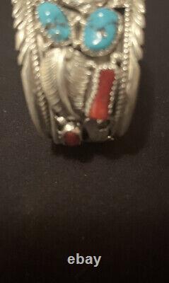 Native American Navajo Sterling Silver Turquoise Coral Buffalo Cuff Bracelet