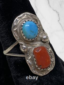 Native American Navajo Sterling Silver Turquoise Coral Ring
