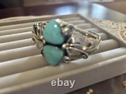 Native American Navajo Sterling, Silver Turquoise Cuff Bracelet Leaf