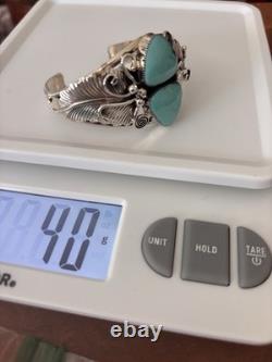 Native American Navajo Sterling, Silver Turquoise Cuff Bracelet Leaf