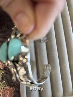 Native American Navajo Sterling, Silver Turquoise Cuff Bracelet Leaf