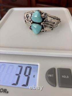 Native American Navajo Sterling, Silver Turquoise Cuff Bracelet Leaf