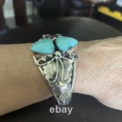 Native American Navajo Sterling, Silver Turquoise Cuff Bracelet Leaf