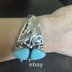 Native American Navajo Sterling, Silver Turquoise Cuff Bracelet Leaf