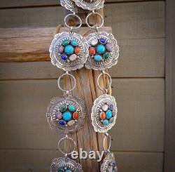 Native American Navajo Sterling Silver Turquoise Multi Stone Link Concho Belt