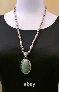 Native American Navajo Sterling Silver Turquoise Pendant & Silver Beads