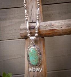 Native American Navajo Sterling Silver Turquoise Pendant & Silver Beads