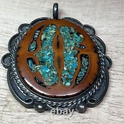 Native American Navajo Sterling Silver Turquoise Walnut Inlay Oval Pendant Only