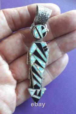 Native American Navajo Sterling Silver Yei Pendant 3-1/4 Opal & Onyx Hallmarked