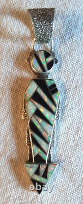 Native American Navajo Sterling Silver Yei Pendant 3-1/4 Opal & Onyx Hallmarked