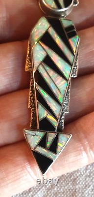 Native American Navajo Sterling Silver Yei Pendant 3-1/4 Opal & Onyx Hallmarked