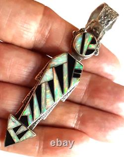 Native American Navajo Sterling Silver Yei Pendant 3-1/4 Opal & Onyx Hallmarked