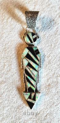 Native American Navajo Sterling Silver Yei Pendant 3-1/4 Opal & Onyx Hallmarked