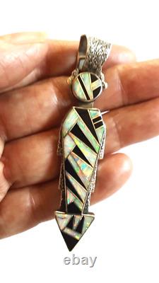 Native American Navajo Sterling Silver Yei Pendant 3-1/4 Opal & Onyx Hallmarked