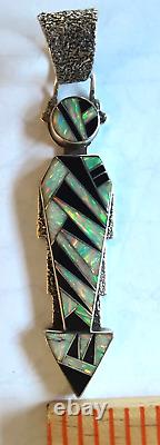 Native American Navajo Sterling Silver Yei Pendant 3-1/4 Opal & Onyx Hallmarked