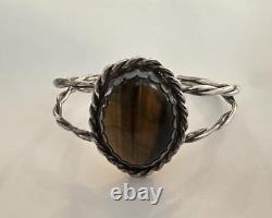 Native American Navajo Sterling Tiger's Eye Cabochon Vintage Cuff Bracelet