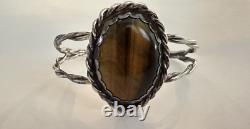Native American Navajo Sterling Tiger's Eye Cabochon Vintage Cuff Bracelet