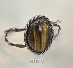 Native American Navajo Sterling Tiger's Eye Cabochon Vintage Cuff Bracelet