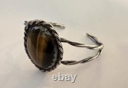 Native American Navajo Sterling Tiger's Eye Cabochon Vintage Cuff Bracelet