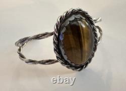 Native American Navajo Sterling Tiger's Eye Cabochon Vintage Cuff Bracelet