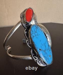 Native American Navajo Sterling Turquoise & Coral Sterling Silver Cuff Bracelet