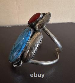 Native American Navajo Sterling Turquoise & Coral Sterling Silver Cuff Bracelet