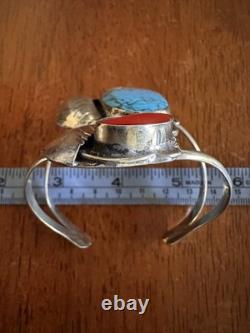 Native American Navajo Sterling Turquoise & Coral Sterling Silver Cuff Bracelet