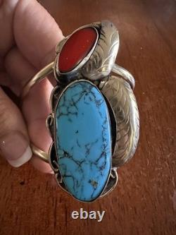 Native American Navajo Sterling Turquoise & Coral Sterling Silver Cuff Bracelet