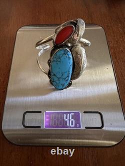 Native American Navajo Sterling Turquoise & Coral Sterling Silver Cuff Bracelet