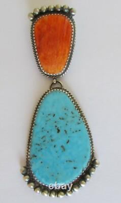 Native American Navajo Sterling Turquoise Spiny Oyster Pendant 3L By Betty Joe